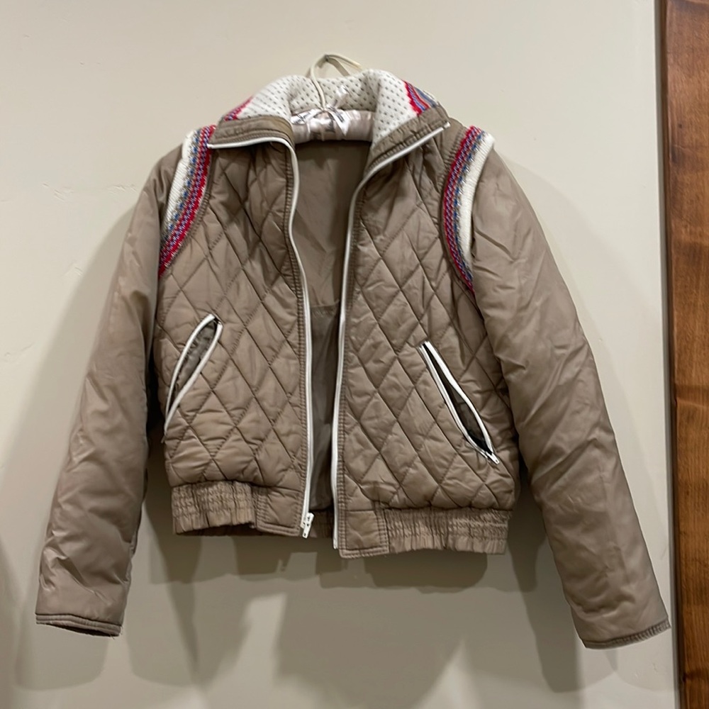 Vintage Quilted Taupe Women's Jacket with Pink & Cream Accent
